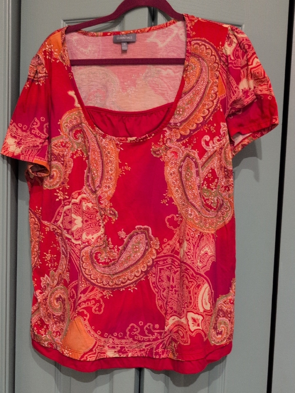 Essentials Red and Orange Paisley Scoop Neck Short Sleeve Top